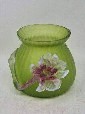 Vintage Kralik? Green Art Glass Vase With Applied Flower